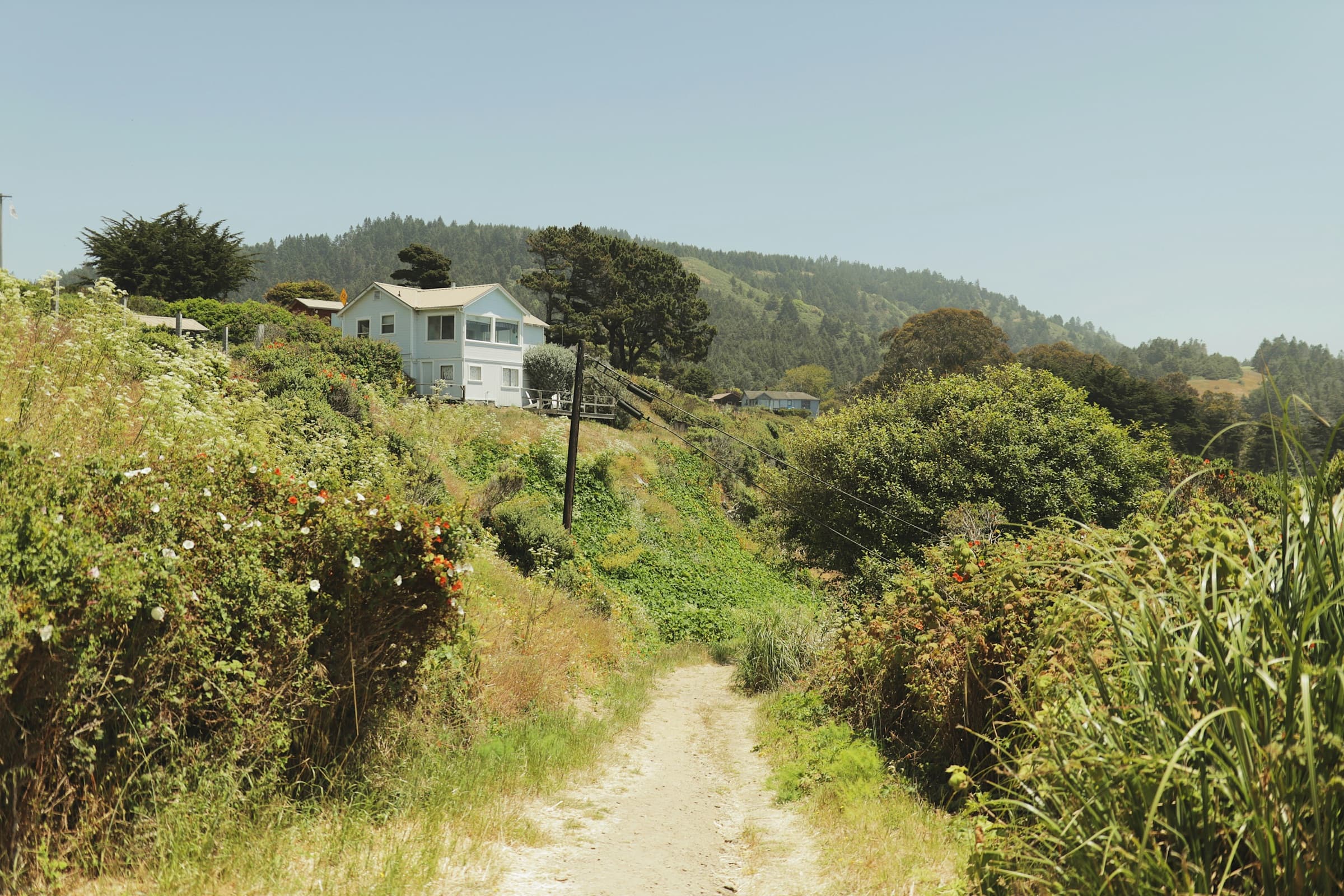 Coastal home surrounded by green hills and landscaping