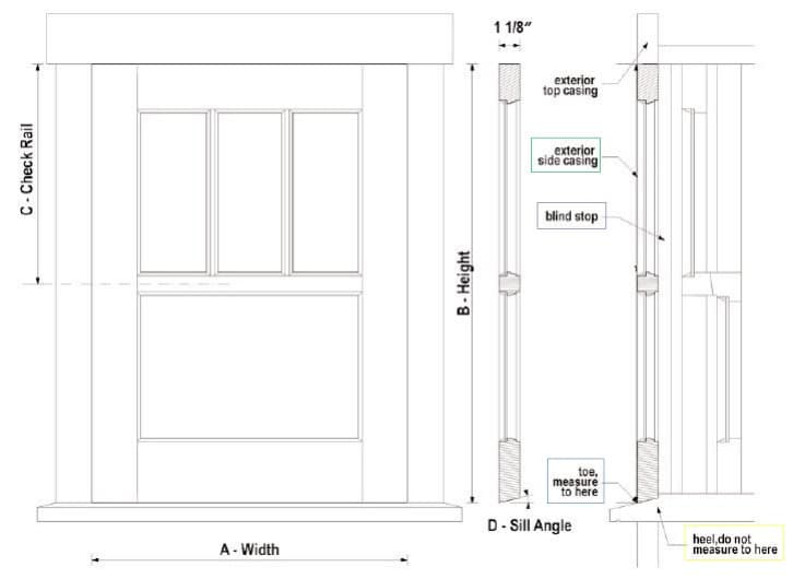 Elevation and section drawing of a storm window opening showing width A, height B, check rail C and sill angle D