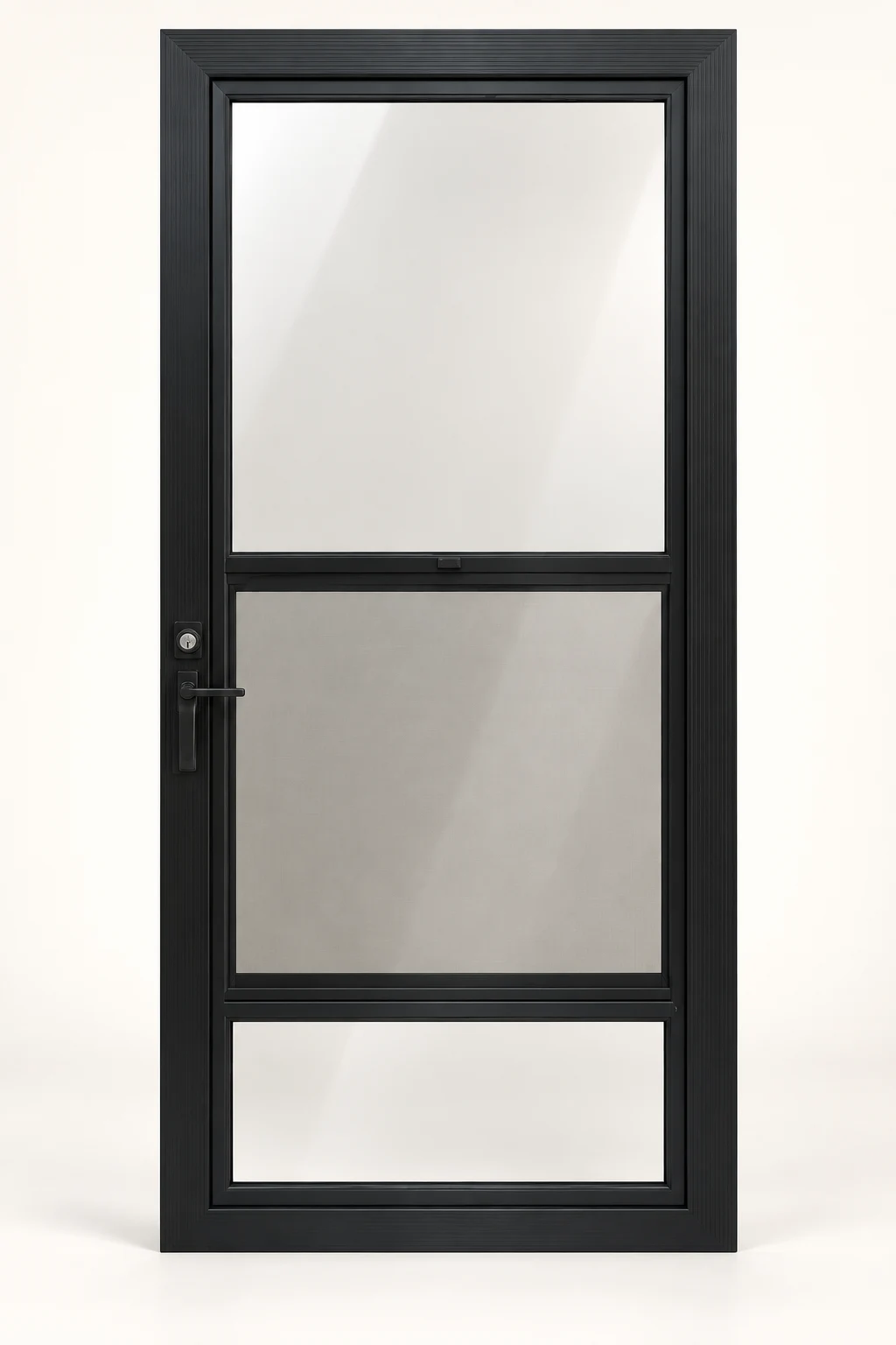 Product illustration: black operating storm door with glass kickplate