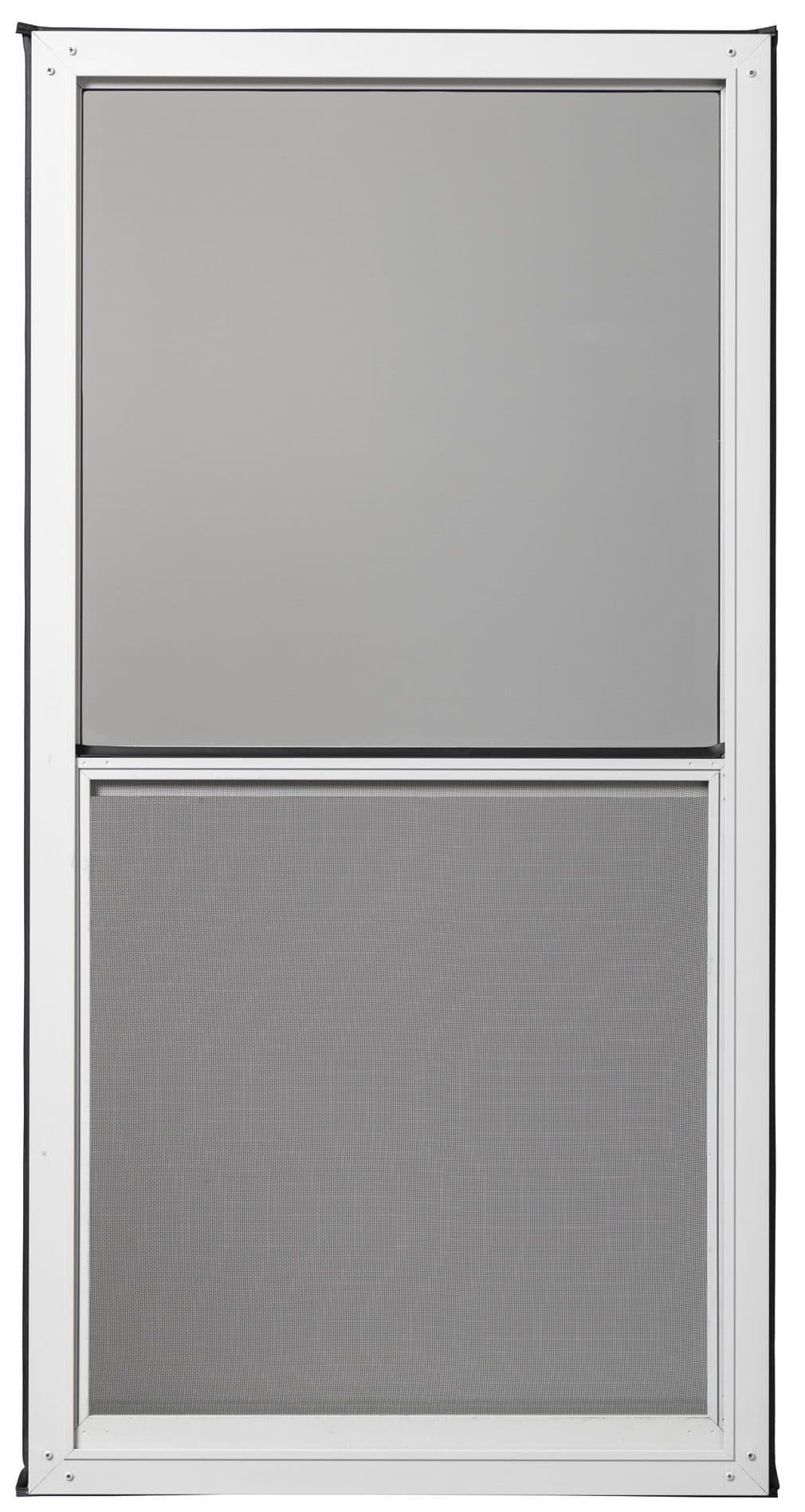 White aluminum interior double-hung storm window with screen