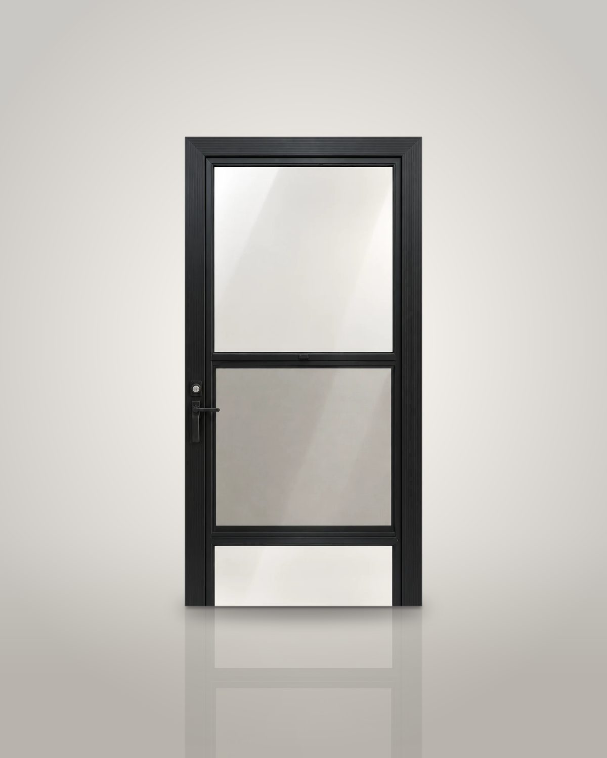 Product illustration: black operating storm door with glass kickplate