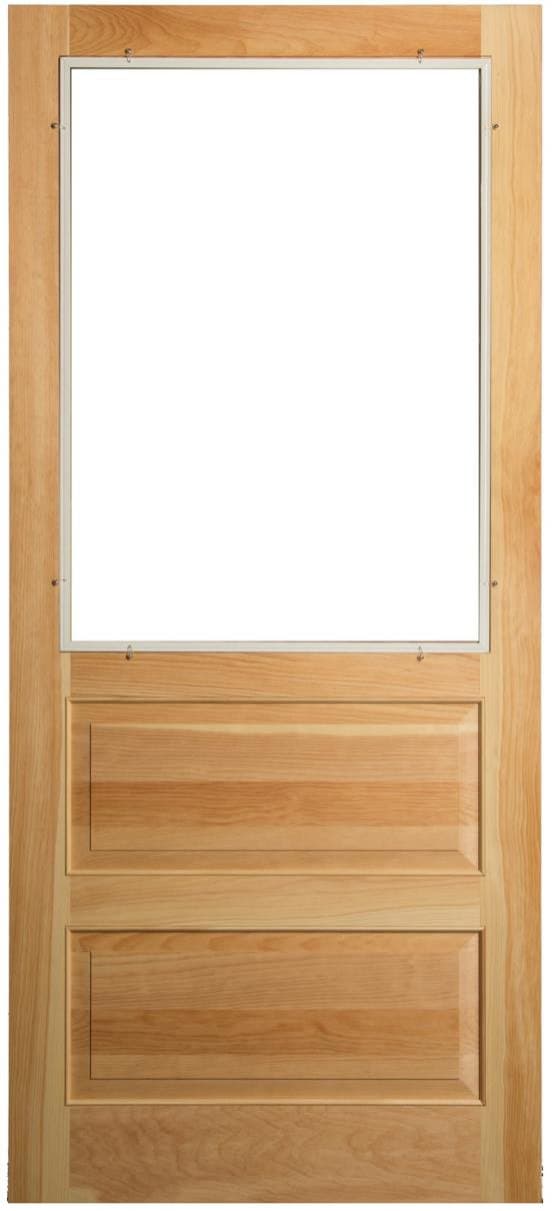 Half lite wood storm and screen door interior with white insert channel