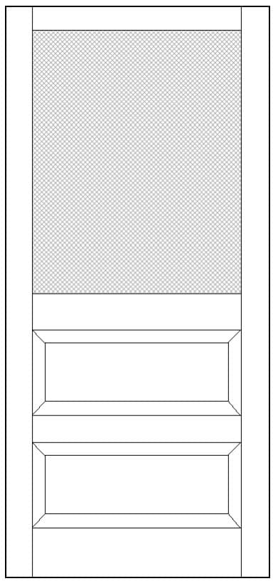 Drawing of a half lite wood screen door with two horizontal lower panels