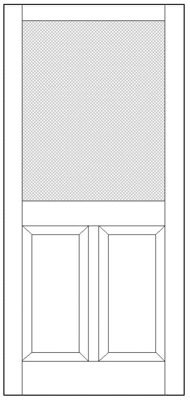 Drawing of a half lite wood screen door with two vertical lower panels