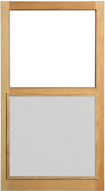 Combination self-storing wood storm window exterior face