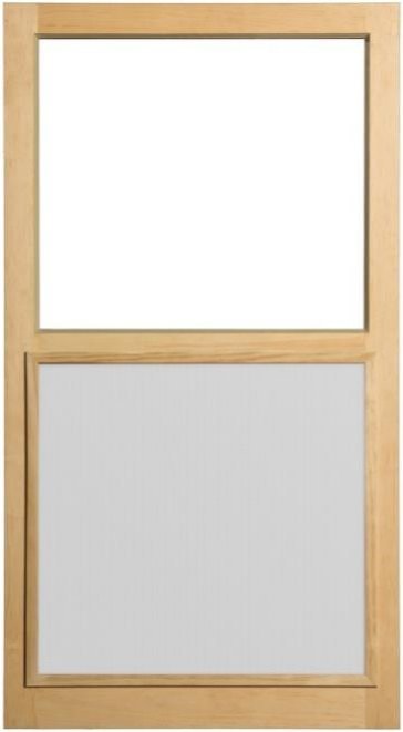 Fixed-top combination wood storm and screen window exterior with lower screen