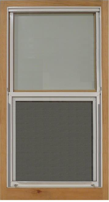 Self-storing wood storm window interior showing the aluminum track insert