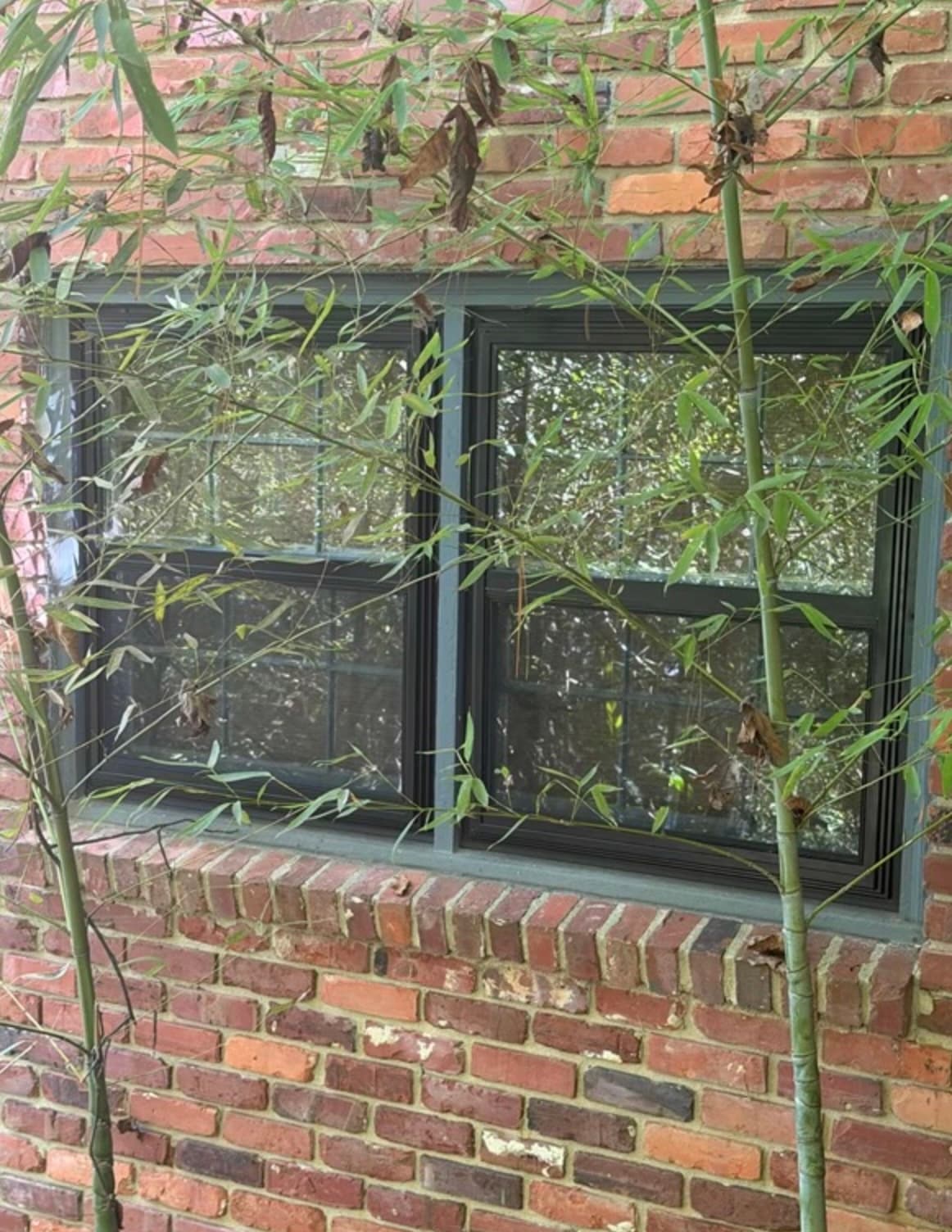 Two black two-track storm windows installed on a brick home