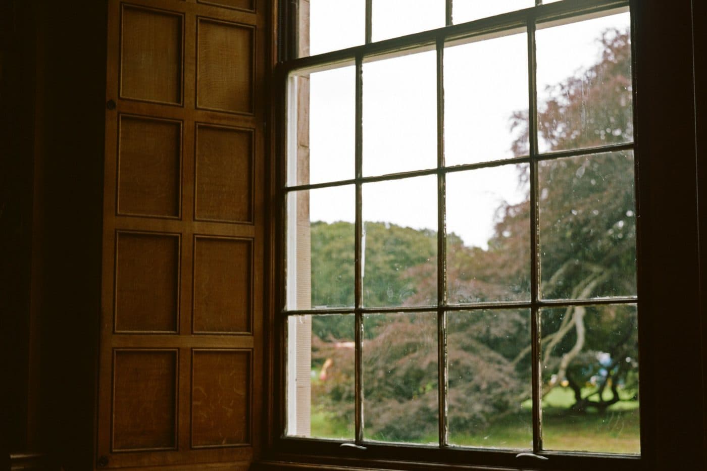 A sunlit multi-pane window with a wooden sill
